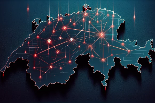 DALL·E 2024-02-11 16.50.06 - Create a horizontal image featuring a sleek, sci-fi inspired flat design of the map of Switzerland. The background should be a dark, matte navy or bla